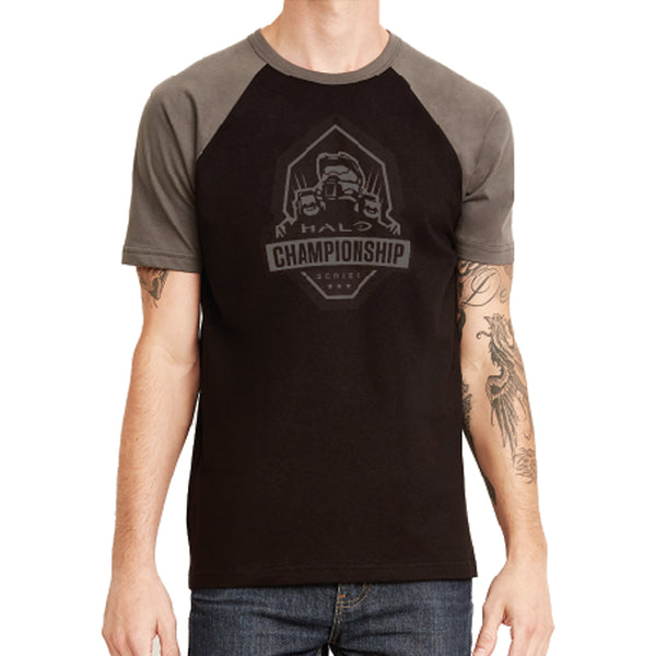 hcs halo black shirt and grey sleeve raglan tee
