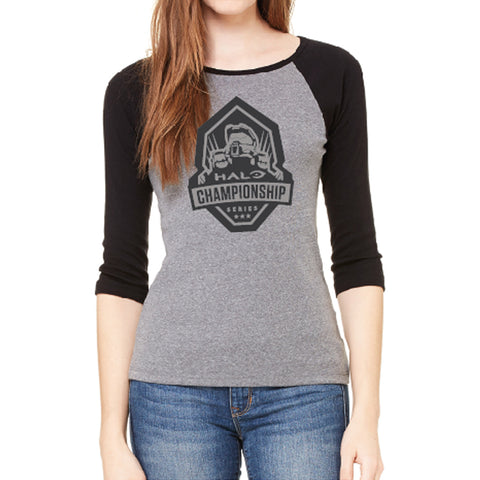 hcs halo ladies black and grey raglan tee shirt